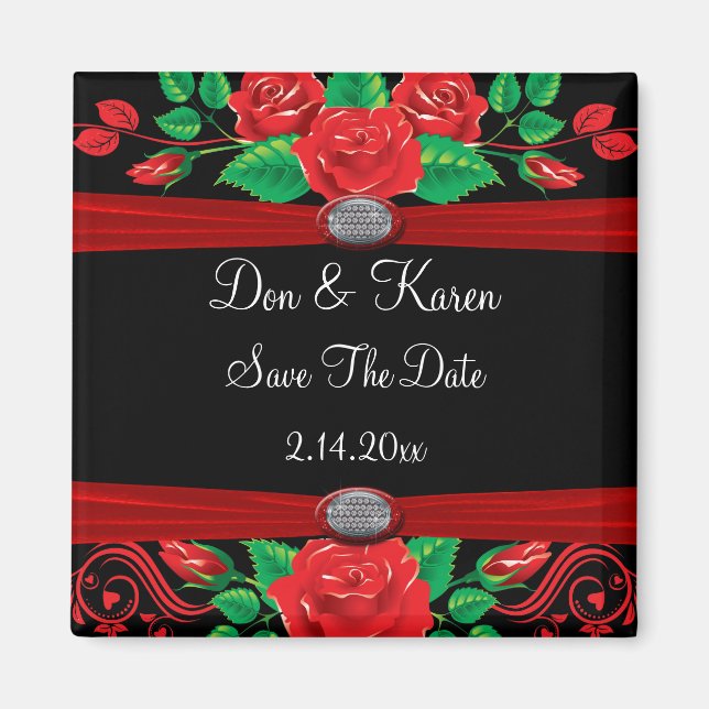 Rote Rose auf schwarzem Save the Date Magnet (Vorne)