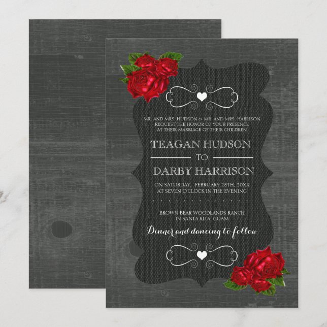 Rote Rose aus der Blüte Wood Gothic Hochzeitseinla Einladung (Vorne/Hinten)