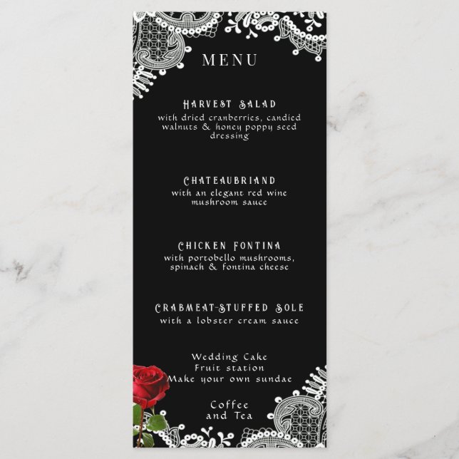 Rote Rose Beautiful White Lace Wedding Menükarte (Vorderseite)