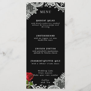 Rote Rose Beautiful White Lace Wedding Menükarte