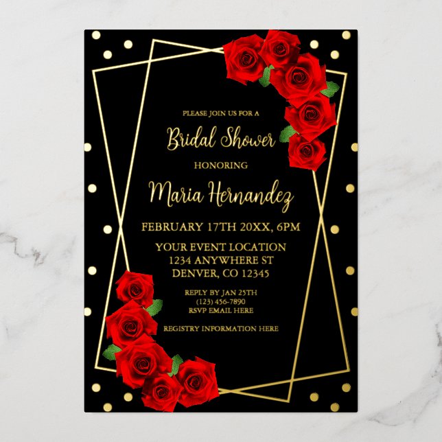 Rote Rose Black and Gold Brautparty Folieneinladung (Vorderseite)
