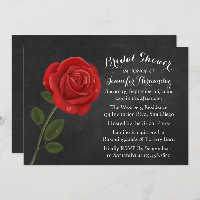 Rote Rose Black Chalkboard Floral Brautparty Einladung (Vorne/Hinten)