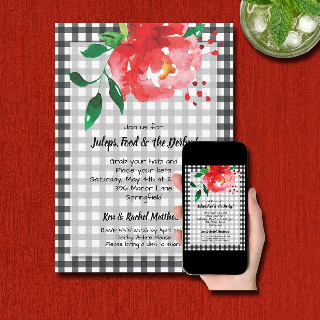 Rote Rose Black Gingham Derby Party Einladung (INSTANT DOWNLOAD and/or PRINTED red rose on gingham Derby party invitations )