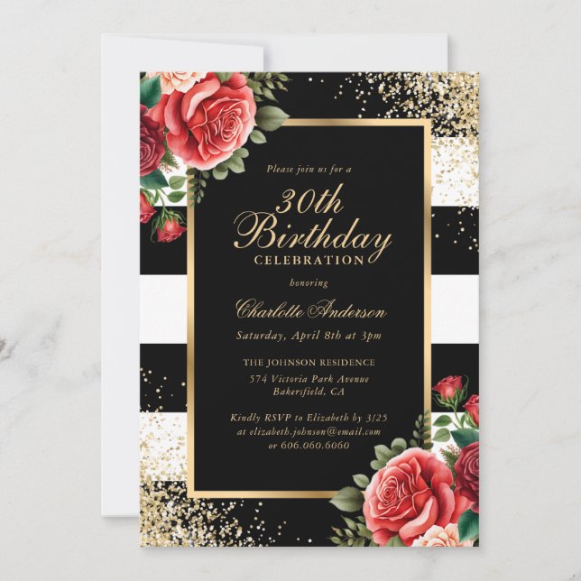 Rote Rose Black Gold Confetti Floral 30. Geburtsta Einladung (Vorderseite)