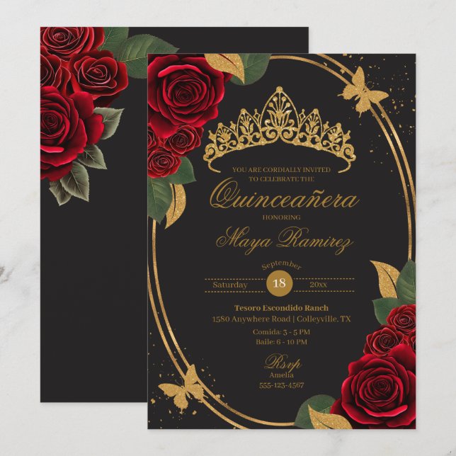 Rote Rose Black Gold Glitzer Butterfly Quinceañera Einladung (Vorne/Hinten)
