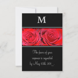 Rote Rose Black Silver Monogram Wedding Response RSVP Karte