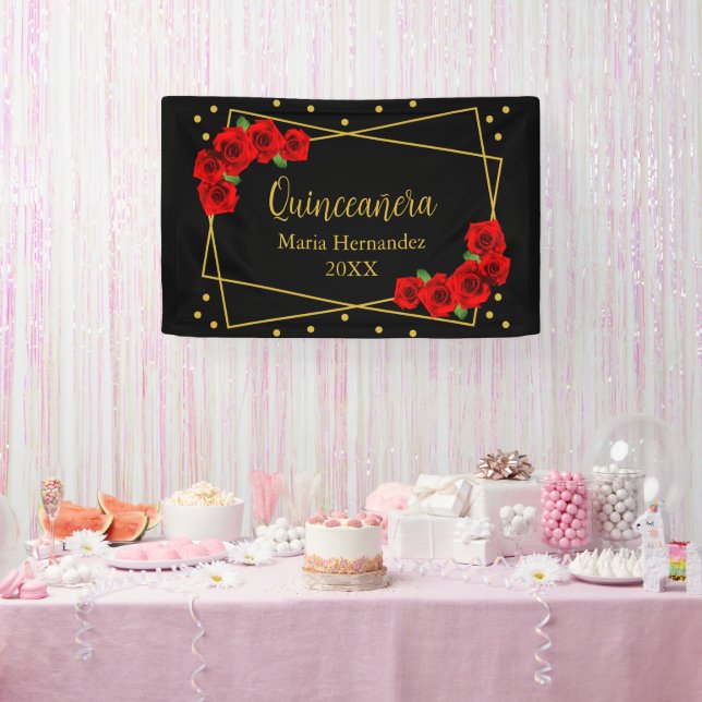 Rote Rose Black und Gold Quinceñera Banner (Party)