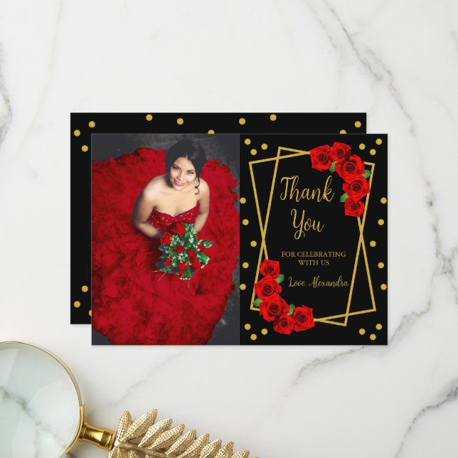 Rote Rose Black und Gold Quinceñera Dankeskarte (Vorderseite/Rückseite Beispiel)