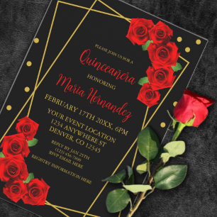 Rote Rose Black und Gold Quinceñera Einladung