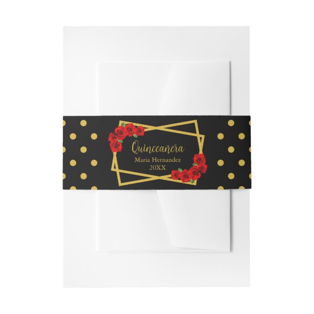 Rote Rose Black und Gold Quinceñera Einladungsbanderole (Vorderseite Beispiel)