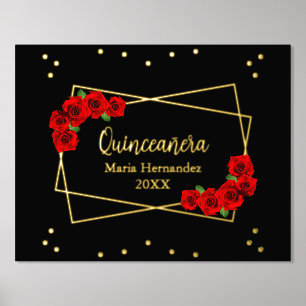 Rote Rose Black und Gold Quinceñera Foliendrucke