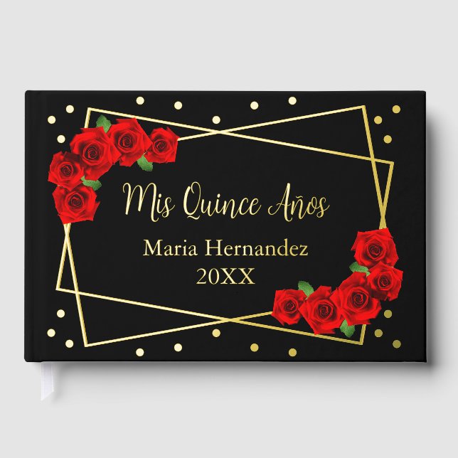 Rote Rose Black und Gold Quinceñera Gästebuch (Vorderseite)