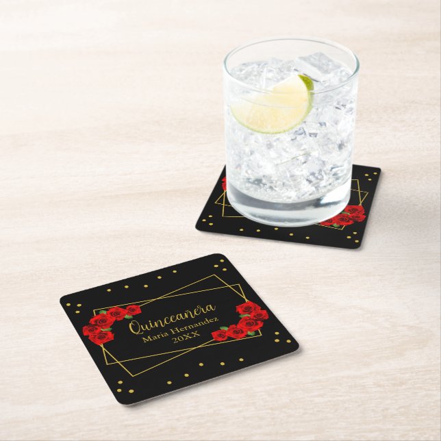 Rote Rose Black und Gold Quinceñera Rechteckiger Pappuntersetzer (Vor Ort)