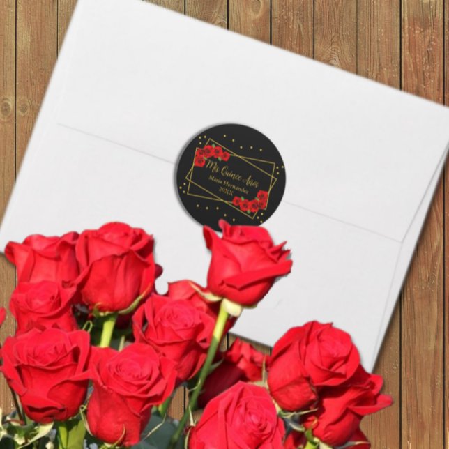 Rote Rose Black und Gold Quinceñera Runder Aufkleber (Von Creator hochgeladen)
