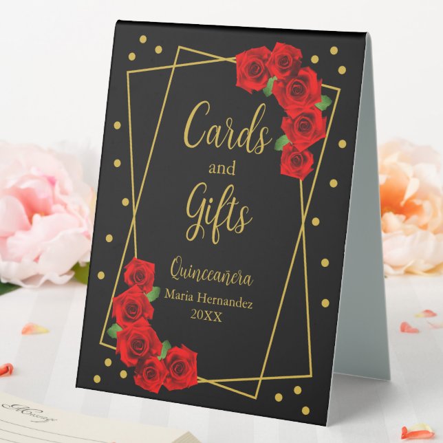 Rote Rose Black und Gold Quinceñera Tischaufsteller (In Situ (Hochzeit))