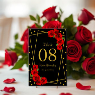 Rote Rose Black und Gold Quinceñera Tischnummer