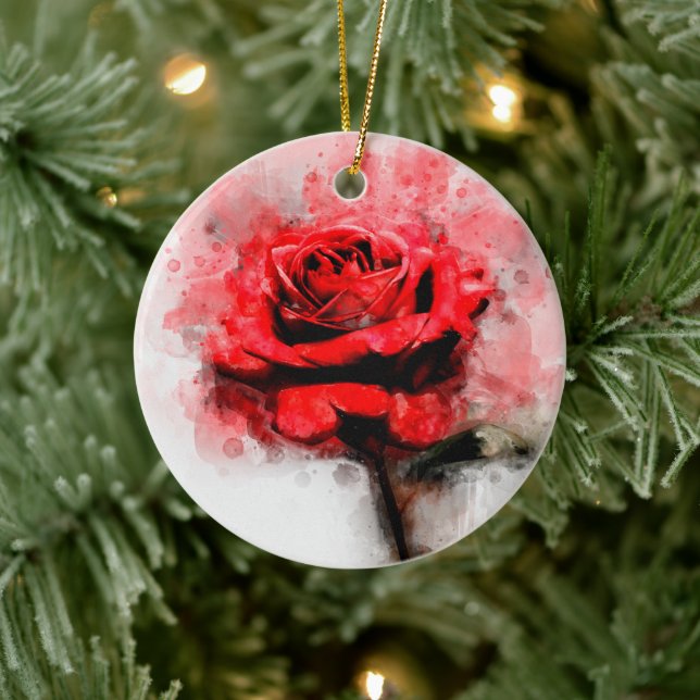 Rote Rose Blume Aquarell - wb Keramik Ornament (Baum)