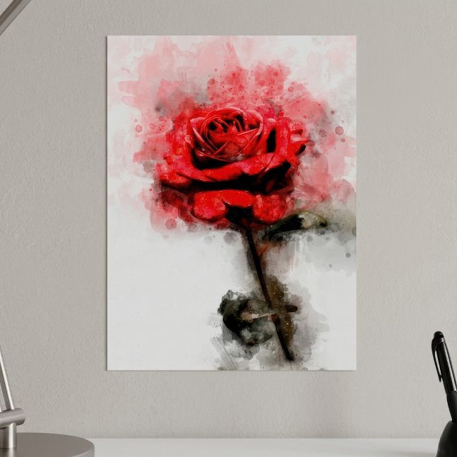 Rote Rose Blume Aquarell - wb Poster (Red Rose Watercolor Art on White Background. Poster)