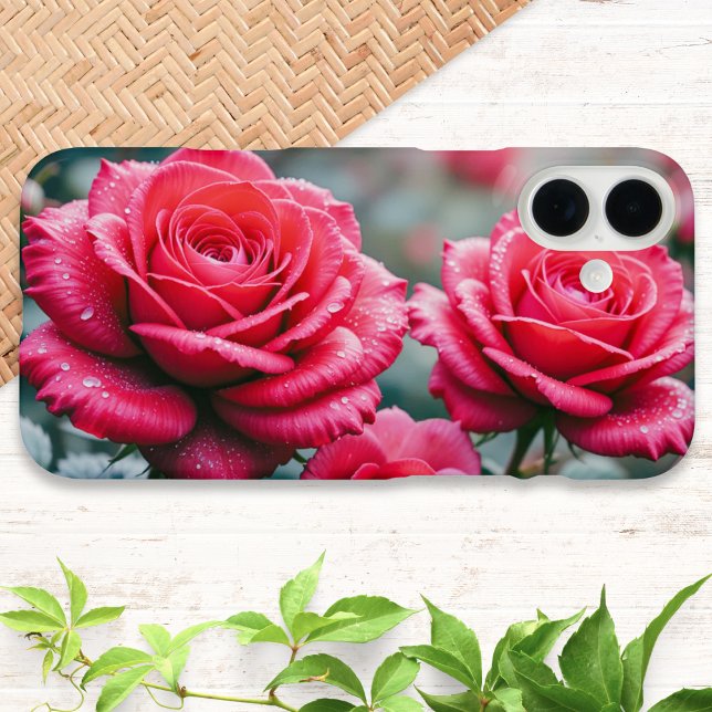 Rote Rose Blume Elegant iPhone 16 Plus Hülle (An elegant phone case with a design of red roses with rain drops)
