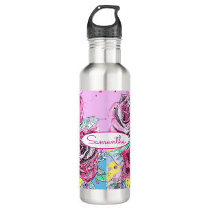 Rote Rose Blume Farbenfrohe rosa Kunst Edelstahlflasche