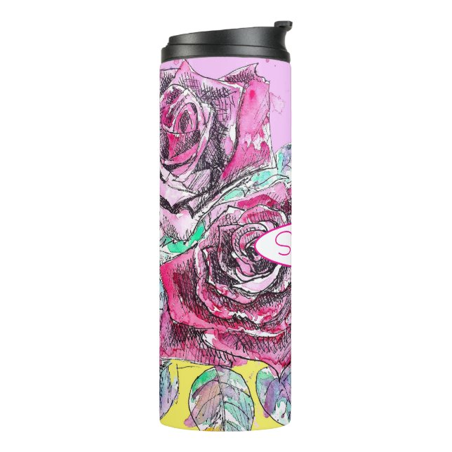 Rote Rose Blume Farbenfrohe rosa Kunst Thermosbecher (Nach links gedreht)