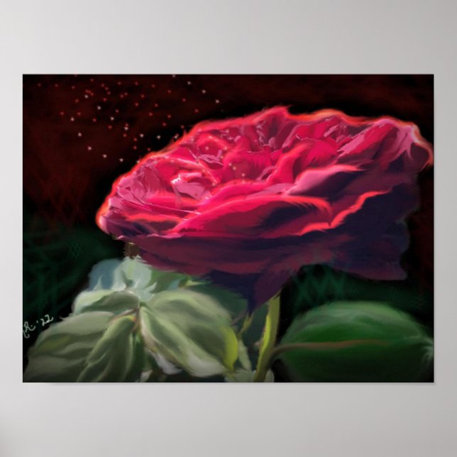 Rote Rose Blume Grüne Schwarze Kunst Blume Poster (Vorne)