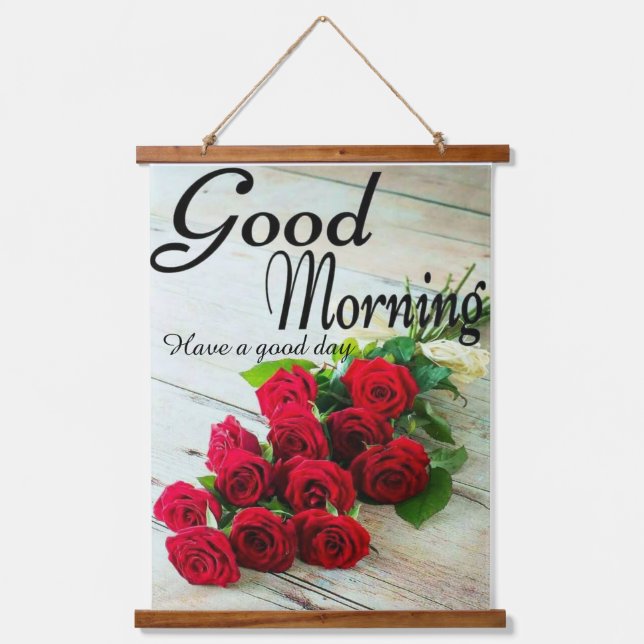 Rote Rose Blume Guten Morgen Wandteppich Mit Holzrahmen (Vorderseite)