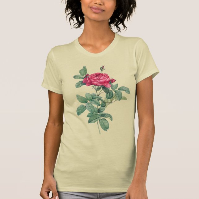 Rote Rose Blume mit grünen Blätter T-Shirt (Vorderseite)