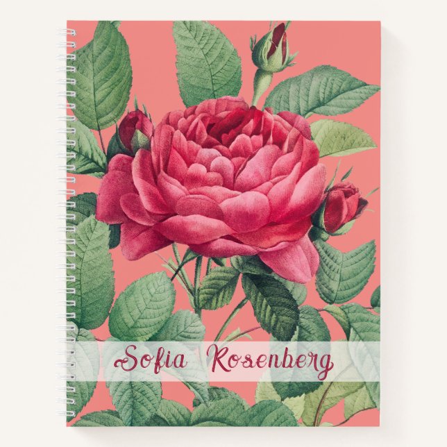 Rote Rose Blume mit Monogramm der grünen Blätter Notizbuch (Vorderseite)