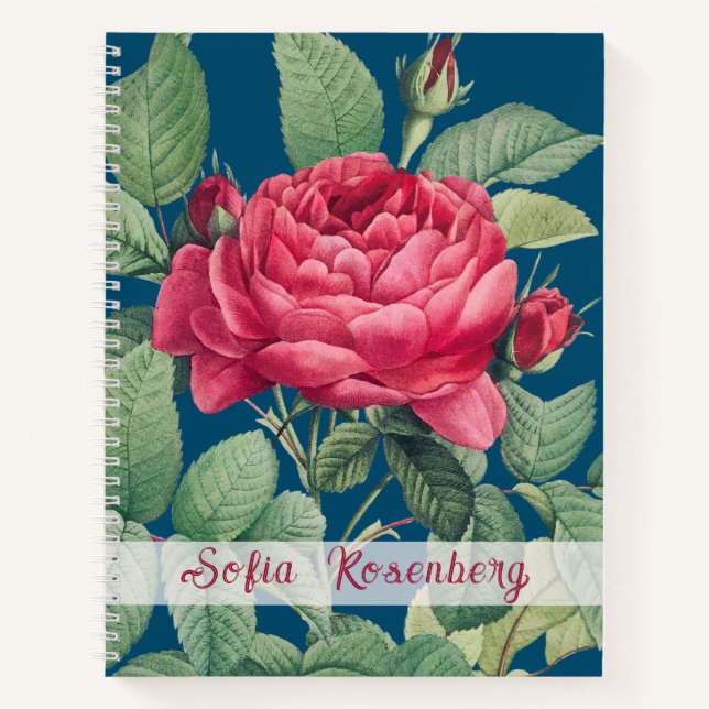 Rote Rose Blume mit Monogramm der grünen Blätter Notizbuch (Vorderseite)