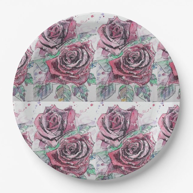 Rote Rose Blume Muster Aquarellmalerei Pappteller (Vorderseite)