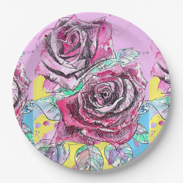 Rote Rose Blume Muster Art Party Tafel Pappteller (Vorderseite)