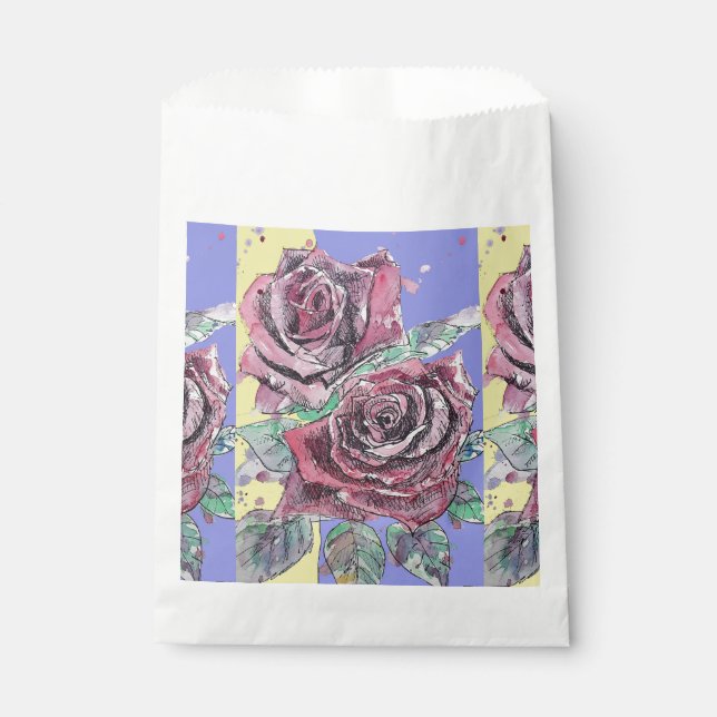 Rote Rose Blume Muster Lila Aquarellkunst Geschenktütchen (Vorderseite)
