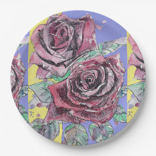Rote Rose Blume Muster Lila Papierplatte Party Pappteller