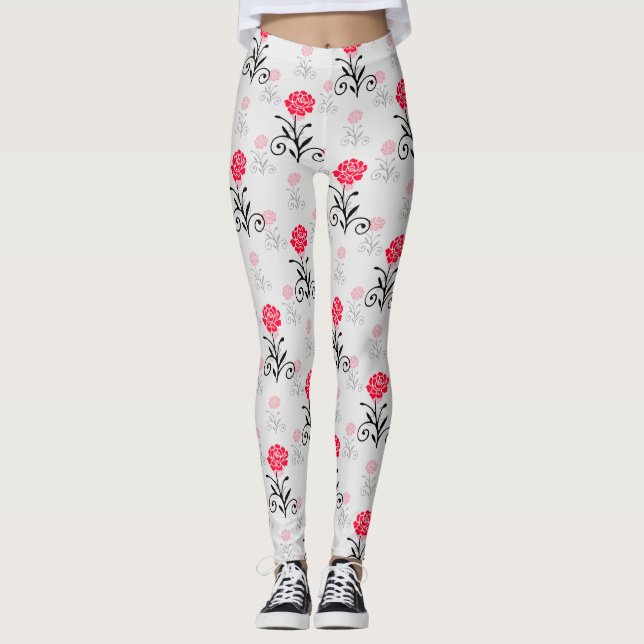 Rote Rose Blume Stalk-Muster Leggings (Vorderseite)