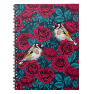 Rote Rose Blume und Goldflossenvögel Notizblock