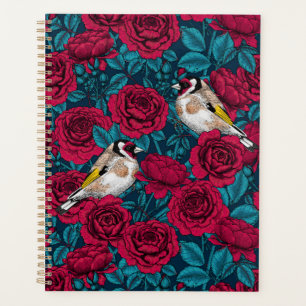 Rote Rose Blume und Goldflossenvögel Planer