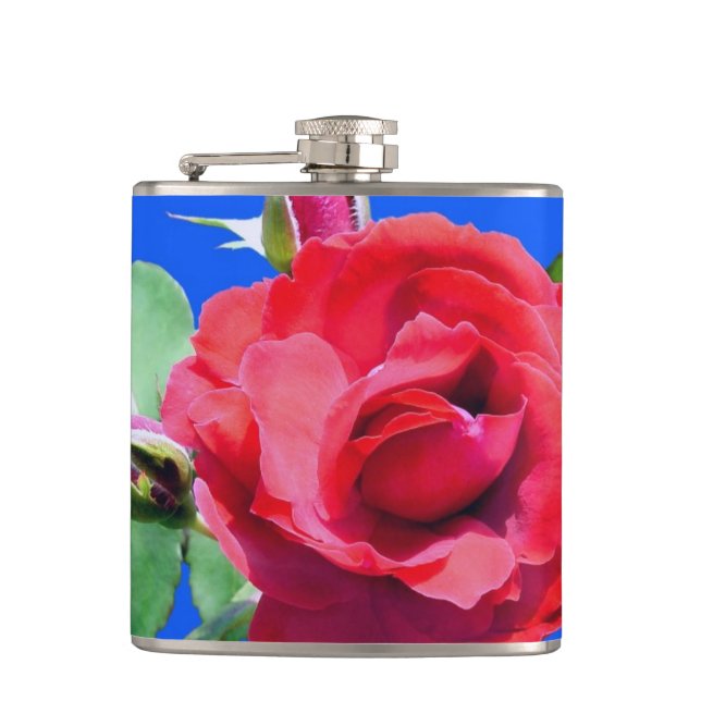 rote Rose Blume und grüne Blätter in blau Flachmann (Vorderseite)