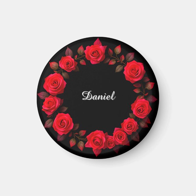 Rote Rose Blumenreath im Schwarzen Hintergrund Magnet (Vorne)