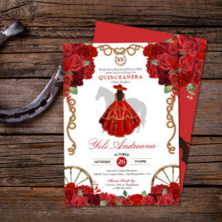 Rote Rose BlumenWestern Charro Quinceñera Einladung