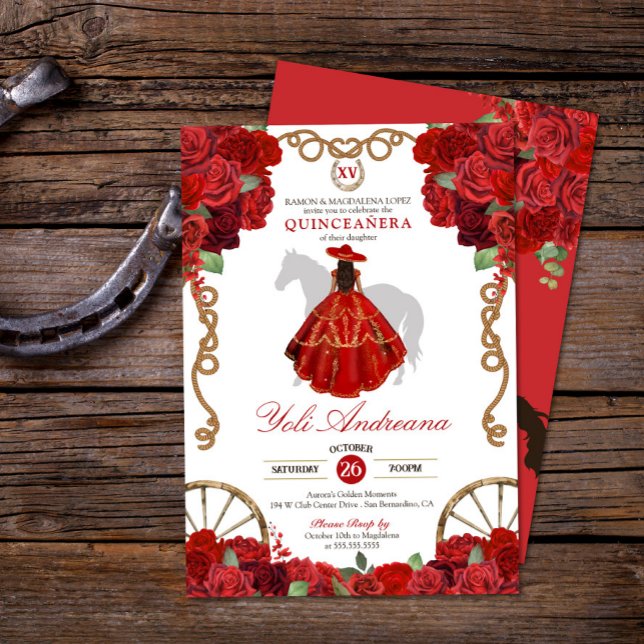 Rote Rose BlumenWestern Charro Quinceñera Einladung (Von Creator hochgeladen)