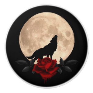 Rote Rose Bluten Fullmoon und Wolf Keramikknauf