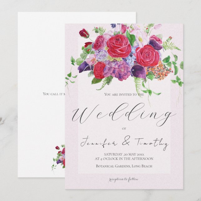 rote Rose Bouquet Aquarell Hochzeit Einladung 2 (Vorne/Hinten)