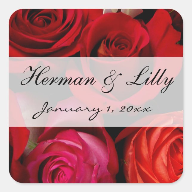 Rote Rose Bouquet Personalisiert Wedding Quadratischer Aufkleber (Vorderseite)