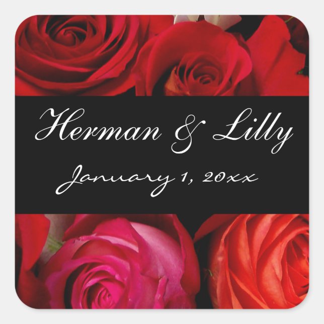 Rote Rose Bouquet Personalisiert Wedding Quadratischer Aufkleber (Vorderseite)