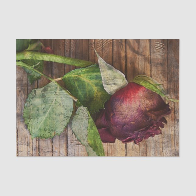 Rote Rose Braunholz Rustikale Textur Blumenantike Seidenpapier (Vorderseite)