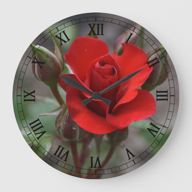 Rote Rose Bud Große Wanduhr (Vorderseite)