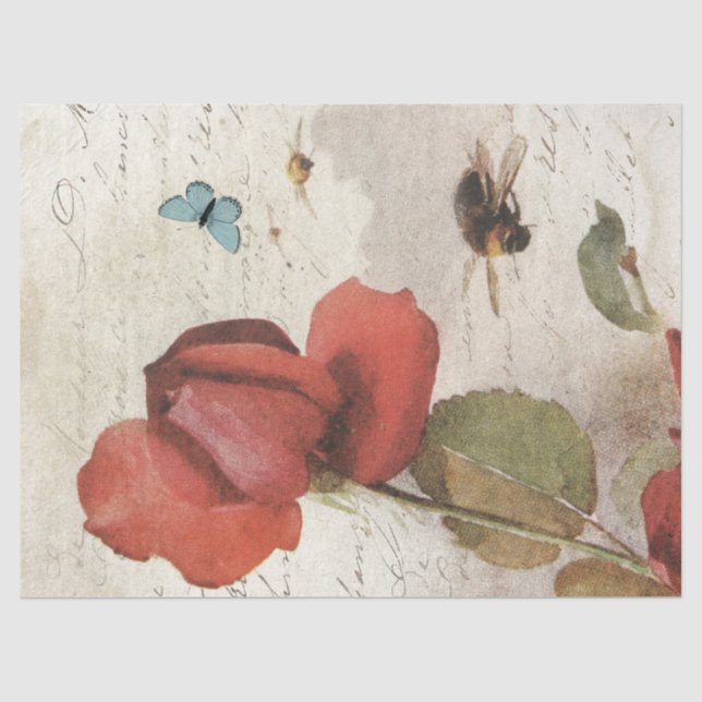 Rote Rose Bumblebee Französisch Script Butterfly V Seidenpapier (Vorderseite)