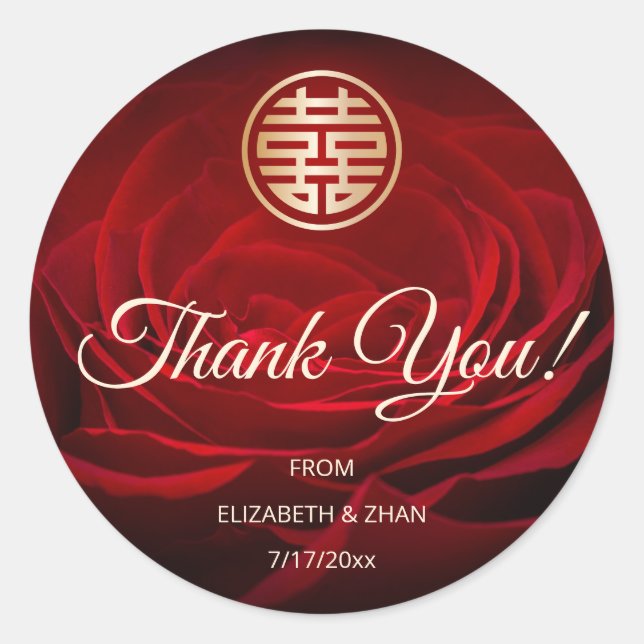 Rote Rose Chinesisch Hochzeit Danke Runder Aufkleber (Vorderseite)