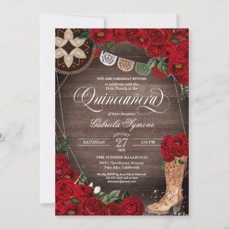 Rote Rose Cowgirl Boots Western Charro Quinceañera Einladung